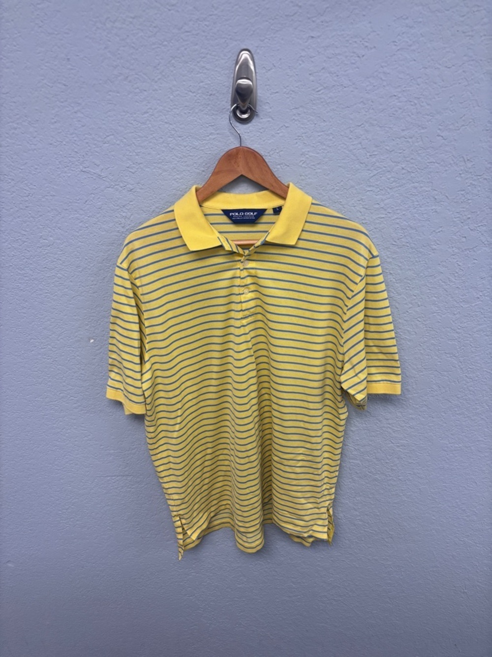 Ralph Lauren M’s Lg Polo Golf in Yellow with Navy Stripes. Pima Cotton. Soft!